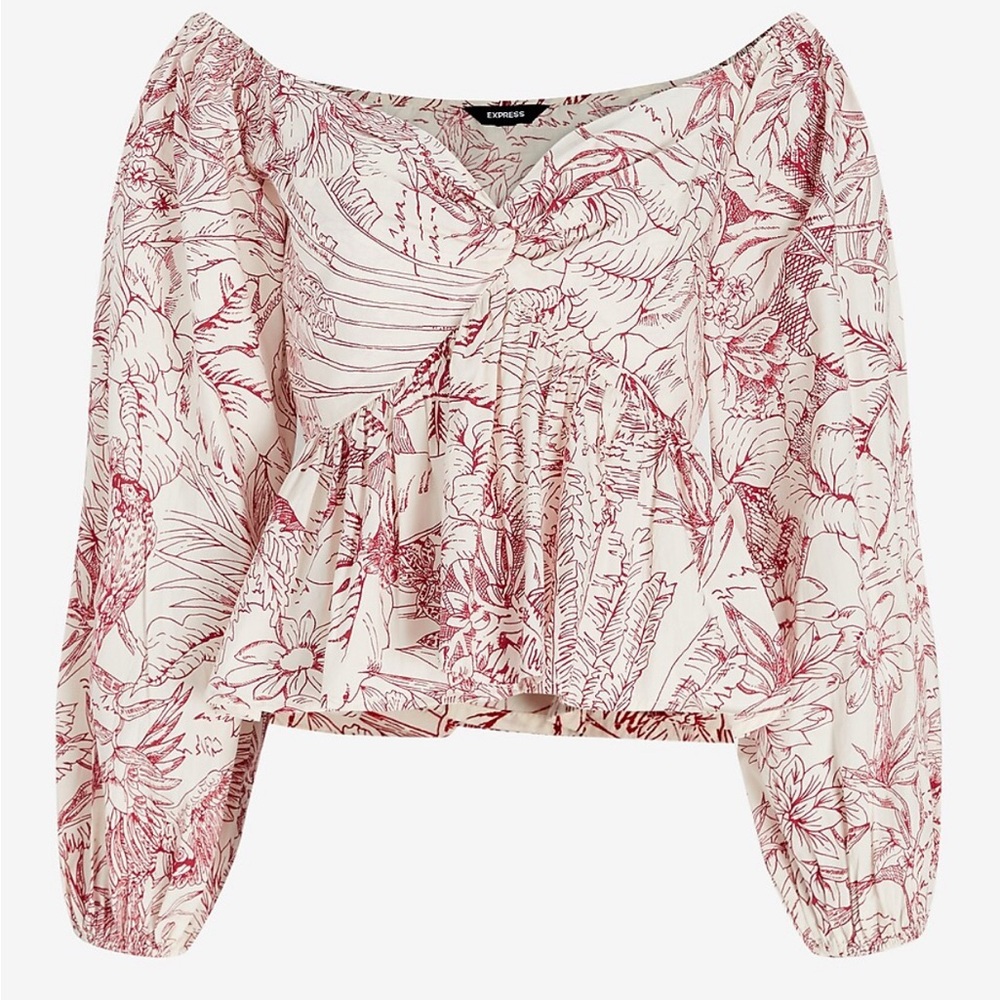 Express printed off the shoulder twist front peplum top size XL puffy sleeves - Picture 4 of 11